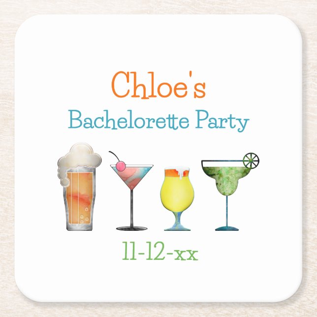 Porta-copo De Papel Quadrado Data do Nome da Festa de solteira Personalizada (Frente)