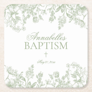 Porta-copo De Papel Quadrado Decoração de Mesa de Batismo Floral Vintage Sage C