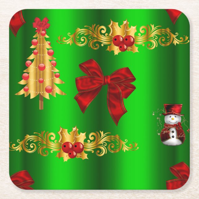 Porta-copo De Papel Quadrado Decorações de Natal Em Verde (Frente)