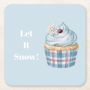 Porta-copo De Papel Quadrado Deixe Nevar Cupcake Azul Floco de Neve Natal