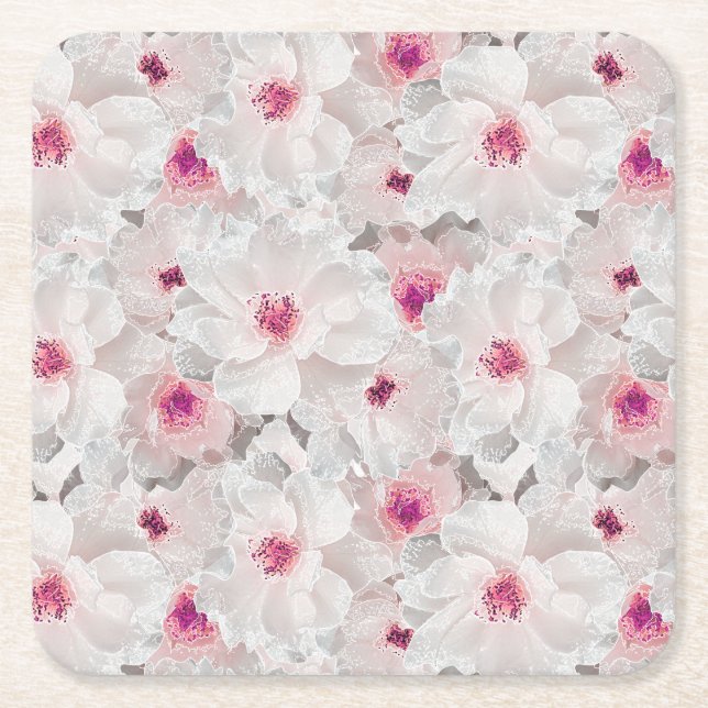 Porta-copo De Papel Quadrado Delicar floral branco e rosa (Frente)