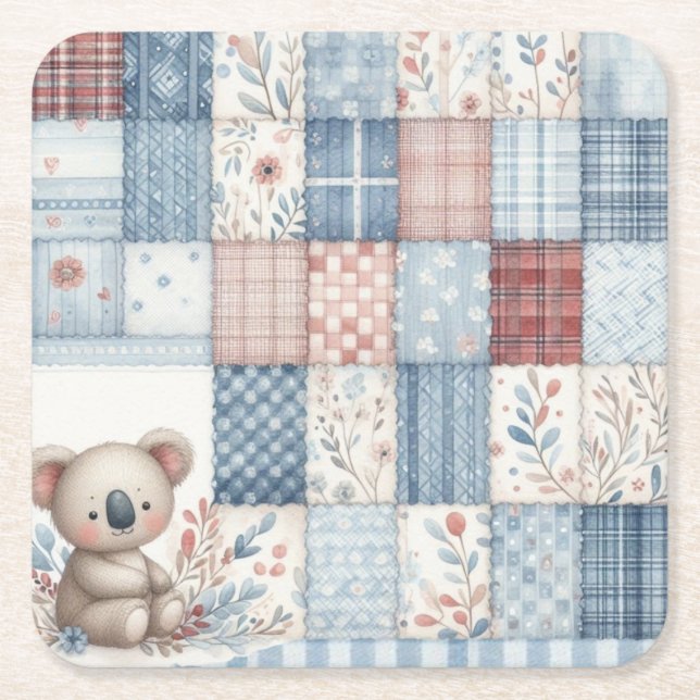 Porta-copo De Papel Quadrado Denim Patchwork Koala - Square Paper Coaster (Frente)