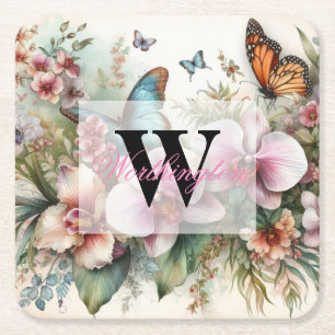 Porta-copo De Papel Quadrado Denominação Monograma Flores tropicais folhas aqua