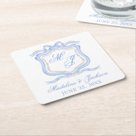 Porta-copo De Papel Quadrado Desenhador de Cores Azuis Monogramas Casamento