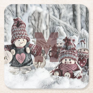 Porta-copo De Papel Quadrado Desenho Antigo de Gnomos na Neve