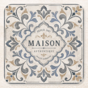 Porta-copo De Papel Quadrado Desenho de Azulejo Ornamental Antigo com Tipografi