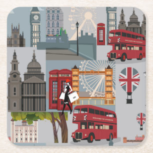 Porta-copo De Papel Quadrado Desenho de Cartoon em Londres, bonito e colorido