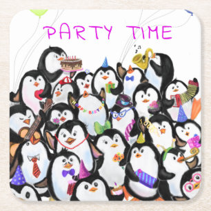 Porta-copo De Papel Quadrado Desenho de Cartoons do Partido dos Pinguins Feliz