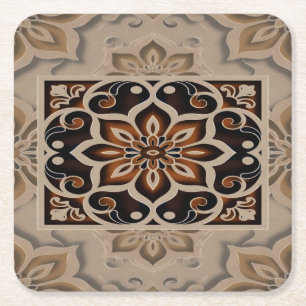 Porta-copo De Papel Quadrado Desenho de Mandala Floral em Tons Terrosos Elegant