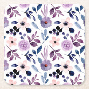 Porta-copo De Papel Quadrado Desenho Floral Delicado com Folhas de Lavanda Azul