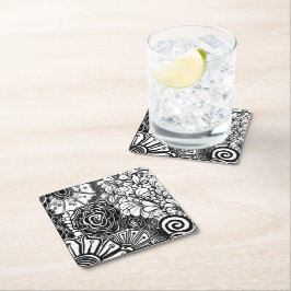 Porta-copo De Papel Quadrado Desenho Floral Padrão De Zen Preto E Branco