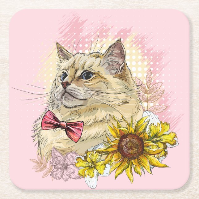 Porta-copo De Papel Quadrado Desenho manual de um gato vermelho engraçado, Ragd (Frente)