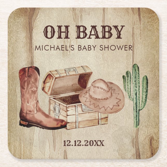 Porta-copo De Papel Quadrado Desert Cactus Baby Cowboy Hat Shoes Party (Frente)