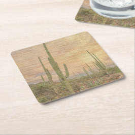 Porta-copo De Papel Quadrado Desert Cactus Plants On Wood Grain Photo Image