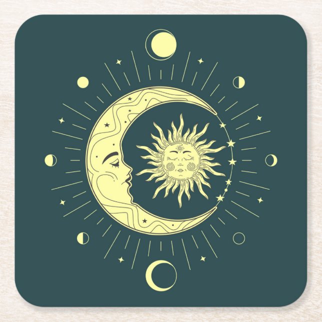 Porta-copo De Papel Quadrado Design celeste solar e lua com fases luas (Frente)