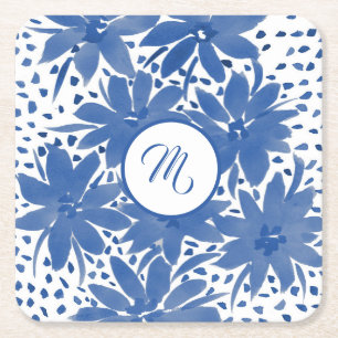 Porta-copo De Papel Quadrado Design de Aquarela Azul Floral Monograma