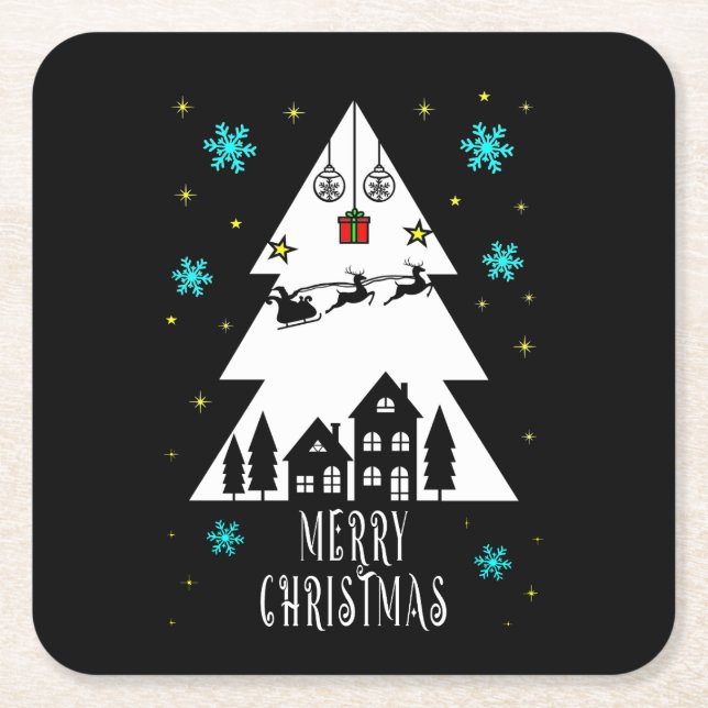 Porta-copo De Papel Quadrado Design de árvore de Natal com trenó (Frente)