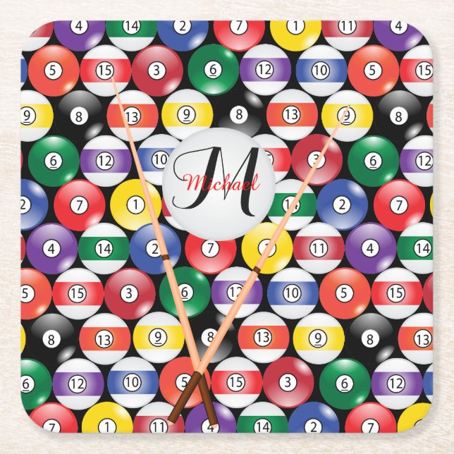 Porta-copo De Papel Quadrado Design de Bola de Piscina Billiard Monograma (Frente)