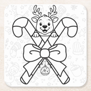 Porta-copo De Papel Quadrado Design de Natal de Rena Fofa e Bastões de Doces