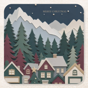 Porta-copo De Papel Quadrado Design de Natal, Vila de Inverno em Papel Recortad