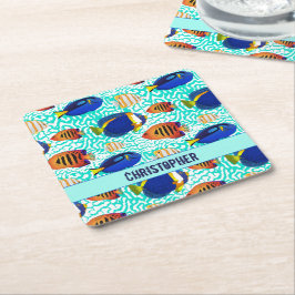 Porta-copo De Papel Quadrado Design de Peixes de Recife de Aquário Tropical