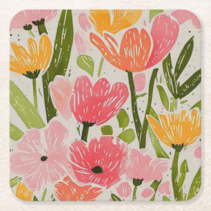 Porta-copo De Papel Quadrado Design Floral Moderno do Meio século Retroativo