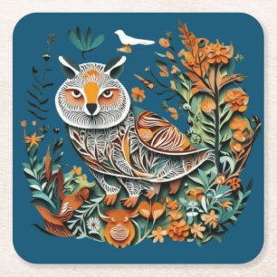 Porta-copo De Papel Quadrado Design único floral de coruja-vintage
