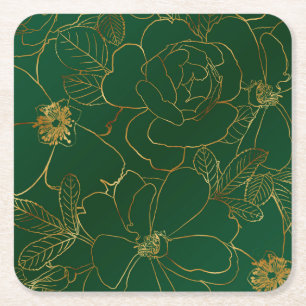 Porta-copo De Papel Quadrado Design Verde de Desenho Floral dos Rosas Dourados 