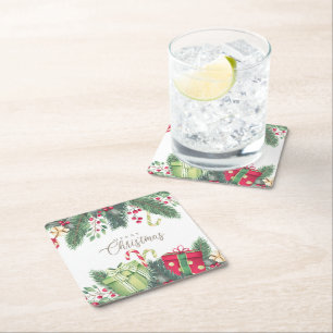 Porta-copo De Papel Quadrado Desorte Festivo de Aquarela Elegante Natal