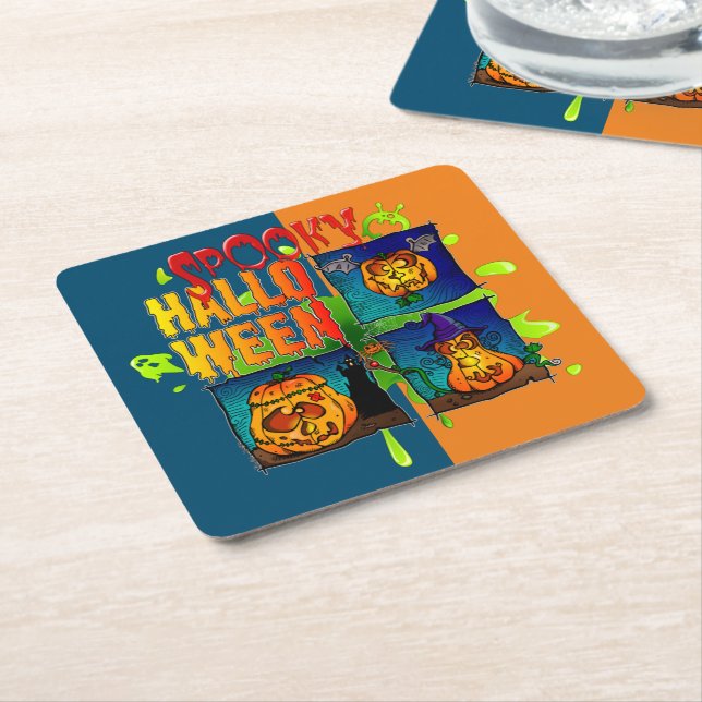 Porta-copo De Papel Quadrado Dessous-de-verre Carré En Papier Spooky Halloween (Inclinado)