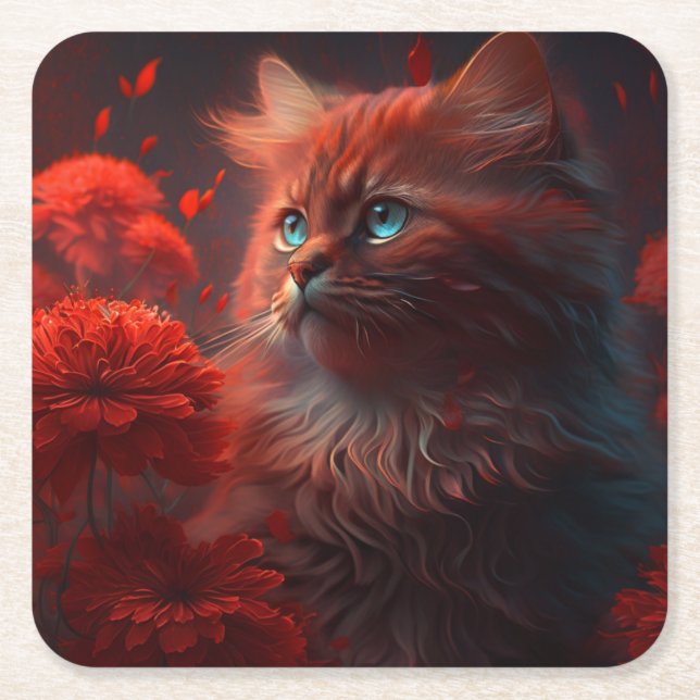 Porta-copo De Papel Quadrado Dessous de verre chat fleur (Frente)