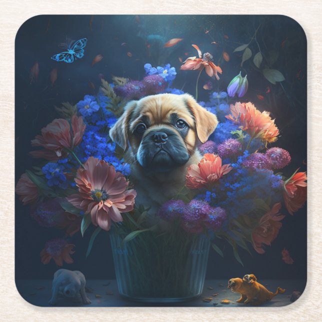 Porta-copo De Papel Quadrado Dessous de verre chien fleur (Frente)