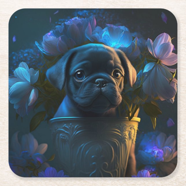 Porta-copo De Papel Quadrado Dessous de verre chien fleur (Frente)