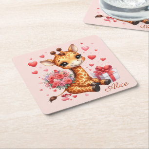 Porta-copo De Papel Quadrado Dia de os namorados Love Rose Bouquet Giraffe