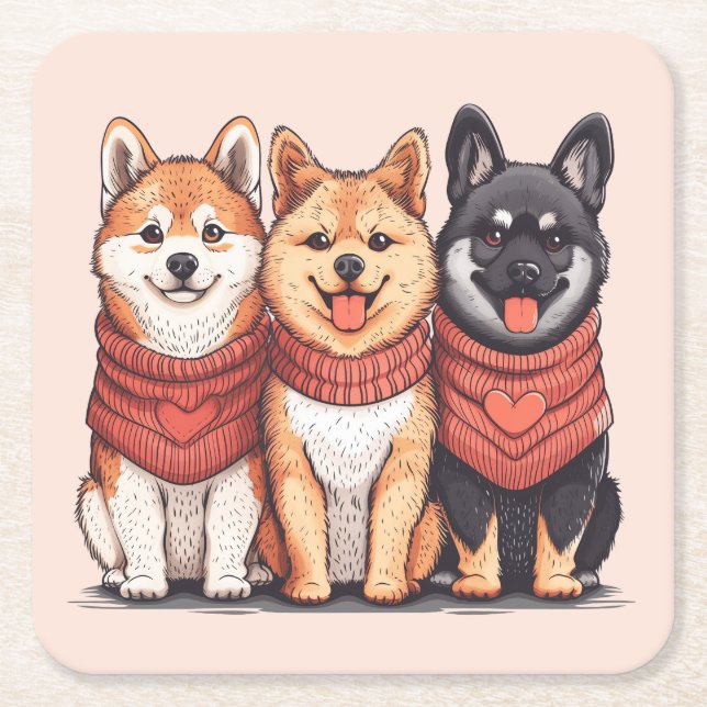 Porta-copo De Papel Quadrado Dia de os namorados Shiba Inu Dogs (Frente)