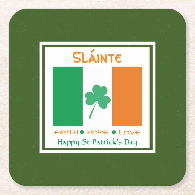 Porta-copo De Papel Quadrado Dia de São Patrício FELIZ Sláinte Shamrock Irlandê (Frente)