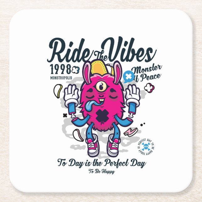 Porta-copo De Papel Quadrado Dia perfeito para ser feliz | Monstro engraçado em (Frente)