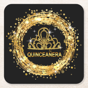 Porta-copo De Papel Quadrado Diamond Tiara Sweet 16 Glitter Confetti ouro, do