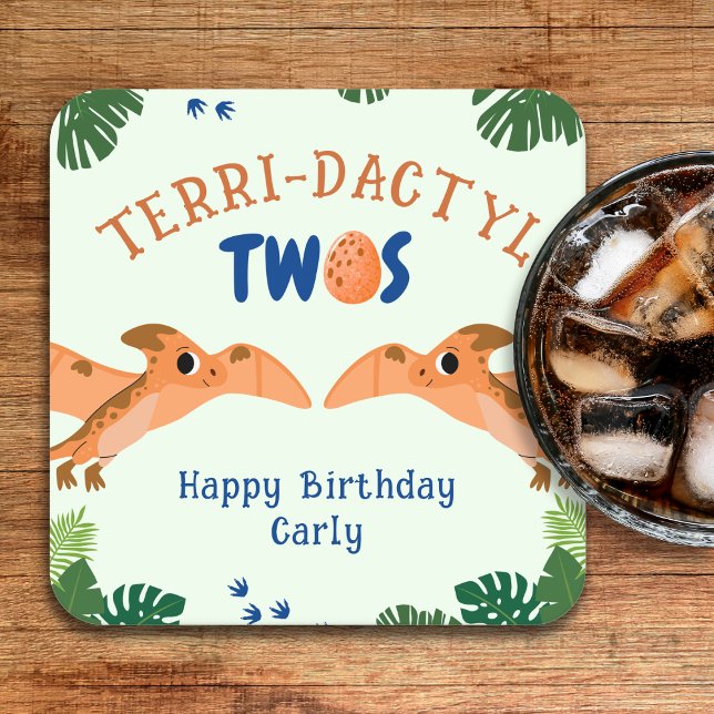 Porta-copo De Papel Quadrado Dinossauro segundo aniversário Funny Green Pteroda (Dinosaur 2nd Birthday Funny Green Pterodactyl Square Paper Coaster
)