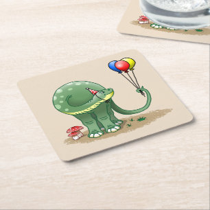 Porta-copo De Papel Quadrado Dinossauro verde segurando os balões coloridos