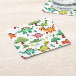 Porta-copo De Papel Quadrado Dinossauros e árvores padrão branco