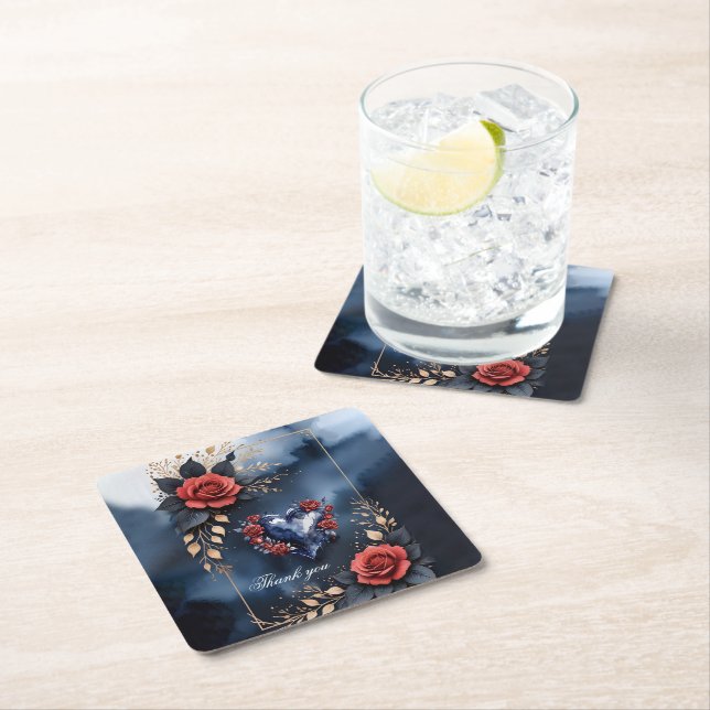 Porta-copo De Papel Quadrado Disposição Elegante de rosa com folhagem de ouro (Insitu)