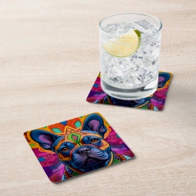 Porta-copo De Papel Quadrado Divertido Francês  (Colourful Frenchie coaster set. 50 pt pulp board sets of 6. Dimensions: 4" x 4". )