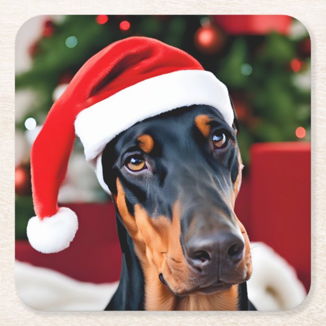 Porta-copo De Papel Quadrado Doberman Christmas (Frente)