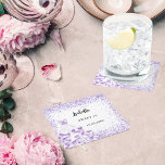 Porta-copo De Papel Quadrado Doce 16 vestido branco violeta<br><div class="desc">Um fundo branco. Um fundo branco decorado com faíscas violetas,  confete e um vestido branco e violeta. Personalize e adicione um nome e data.</div>