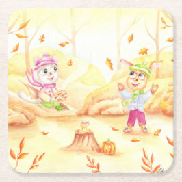 Porta-copo De Papel Quadrado Doce caminhada do outono na floresta