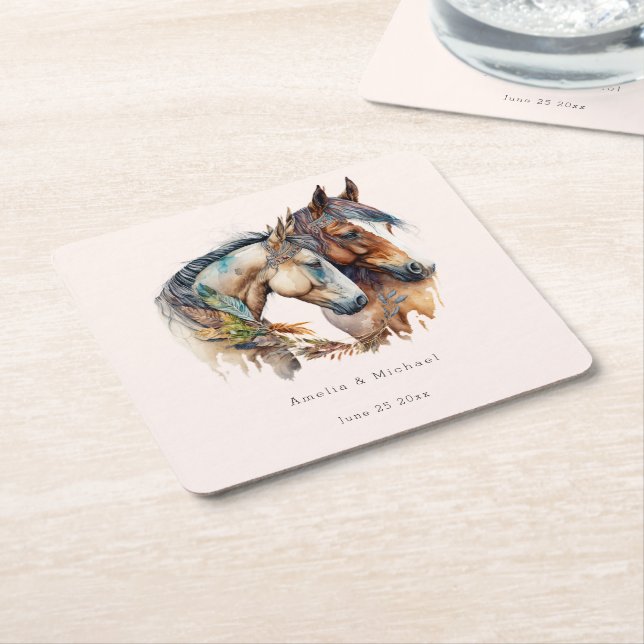 Porta-copo De Papel Quadrado Dois Belos Cavalos Boho Ocidental (Inclinado)