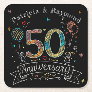 Porta-copo De Papel Quadrado Doodle na Lousa de 50º Aniversário Personalizado