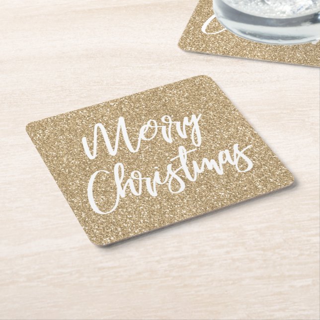 Porta-copo De Papel Quadrado Dourada Faux Glitter Feliz Caligrafia de Natal (Inclinado)