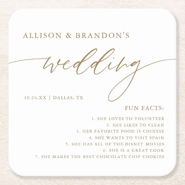 Porta-copo De Papel Quadrado Dourada rustica Elegante Fatos Divertidos De Casam (Frente)